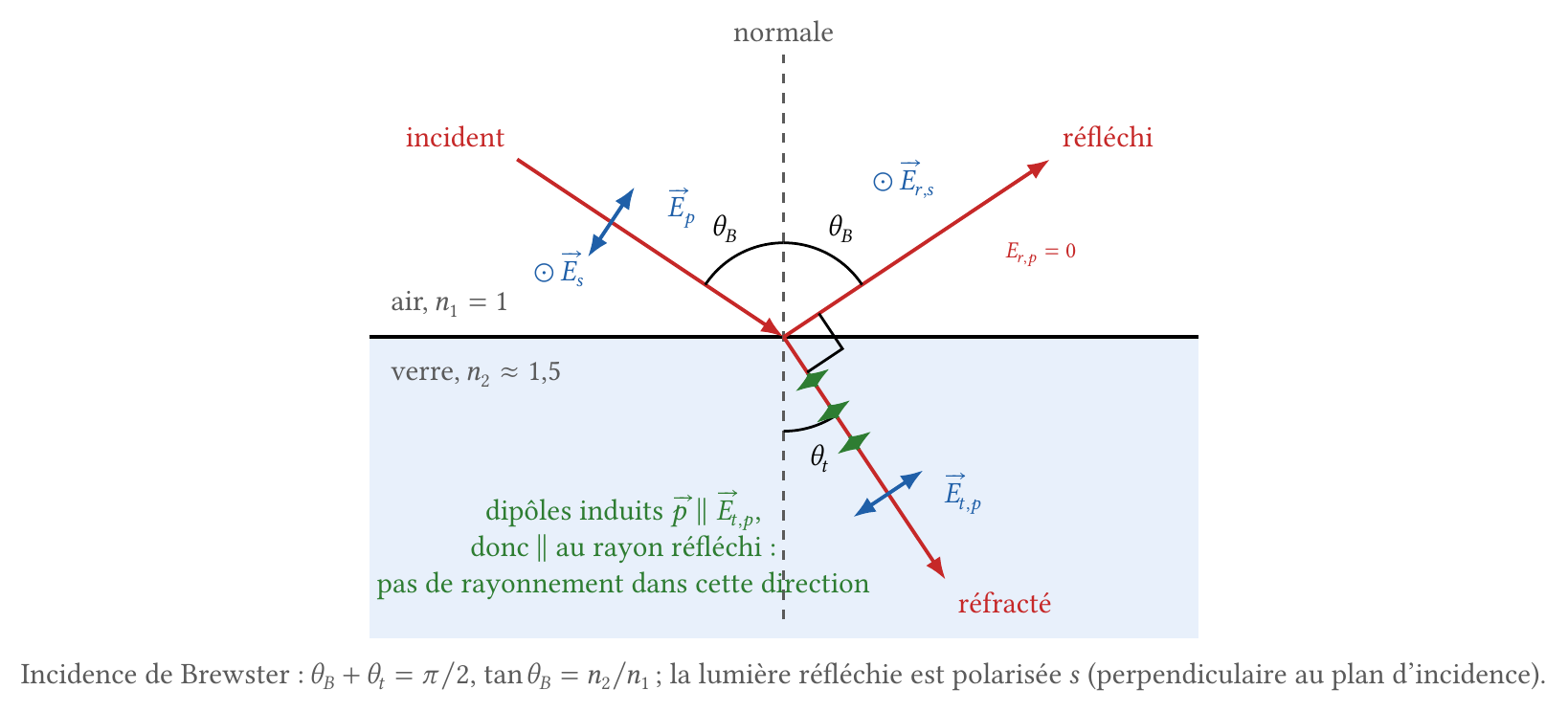Géométrie de l'incidence de Brewster : les dipôles induits dans le verre oscillent le long du rayon réfléchi et ne rayonnent pas dans cette direction
