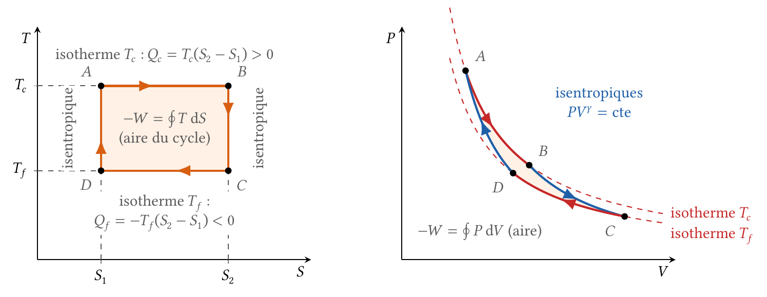 Cycle de Carnot moteur dans les diagrammes (T, S) et (P, V) ; l'aire du cycle est le travail fourni